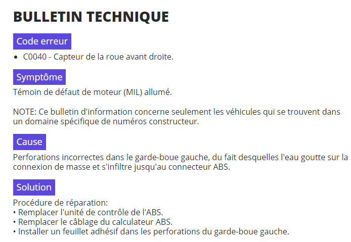 Bulletin technique avec code défaut pour réparation auto